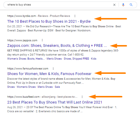 An example of organic search listings